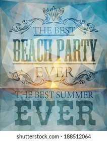 Polygonal seaside view summer poster  with typography elements. Polygonal background illustration