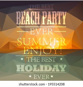 Polygonal seaside view summer poster  with typography elements. Polygonal background illustration