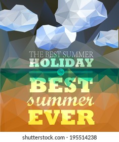 Polygonal seaside view summer poster  with typography elements. Polygonal background illustration