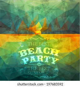 Polygonal seaside view summer poster  with typography elements. Polygonal background illustration