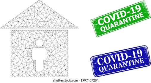 Polygonal self isolation image, and Covid-19 Quarantine blue and green rectangular grunge stamp seals. Polygonal wireframe symbol is created from self isolation pictogram.