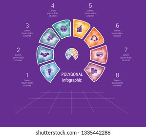 Polygonal Semicircle template infographic 8 positions for text area
