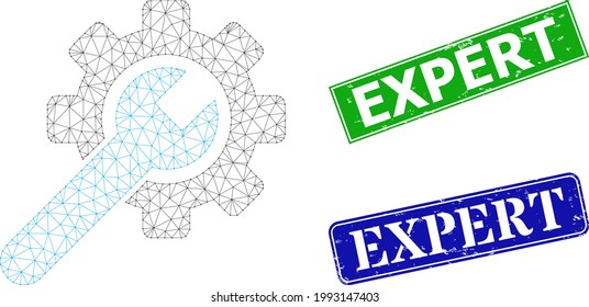 Polygonal service tool image, and Expert blue and green rectangle textured seal imitations. Polygonal carcass image is based on service tool pictogram.