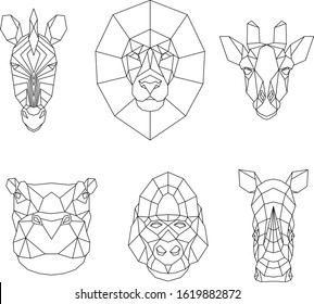 Polygonal set of African animals. Geometric heads of zebra, lion, giraffe, hippo, gorilla and rhino. Vector illustration.