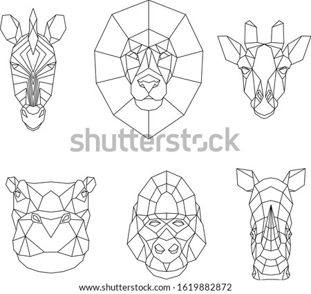 Polygonal set of African animals. Geometric heads of zebra, lion, giraffe, hippo, gorilla and rhino. Vector illustration.