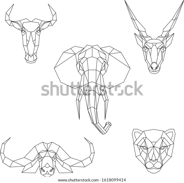 Polygonal set of African animals. Geometric\
heads of a blue wildebeest, cape buffalo, cheetah, eland antelope,\
elephant. Vector\
illustration.
