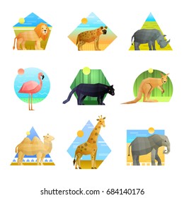 Polygonal set of patterned emblem of different shape with african animals and birds isolated on white background vector illustration