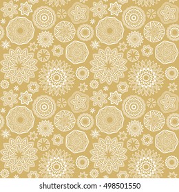 Polygonal shapes pattern. Mandala circles. Vector geometric floral golden and white seamless background. 