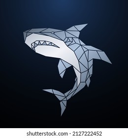 Polygonal shark at depth. Shark with open jaws preparing to attack. Vector illustration for your project.