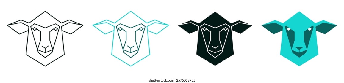 Polygonal sheep head icon set. Low poly face. Black or color logo design for web or branding. Minimalistic symbol. Modern illustration. Polygon line pet. Geometric art style. Editable vector stroke. 