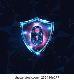 Polygonal shield with glowing padlock symbolizes digital security and protection in cyberspace. Vector illustration.