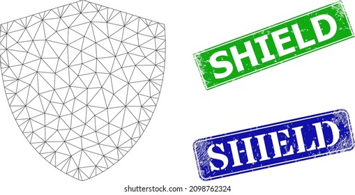 Polygonal shield model, and Shield blue and green rectangular corroded stamps. Polygonal carcass illustration is created from shield pictogram. Stamp seals contain Shield text inside rectangular form.