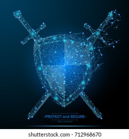 Escudo Poligonal e Espadas isoladas em fundo escuro. Conceito de proteção e segurança. Ilustração vetorial de baixo poli de um céu estrelado ou Comos. As imagens digitais consistem em linhas, pontos e formas de destruição.