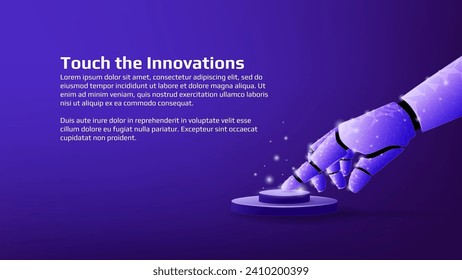 Un dedo polígono brillante de mano robótica presionando un botón con espacio de copia sobre fondo morado oscuro. Banner de innovación o plantilla de página web de tecnología. Ilustración vectorial.