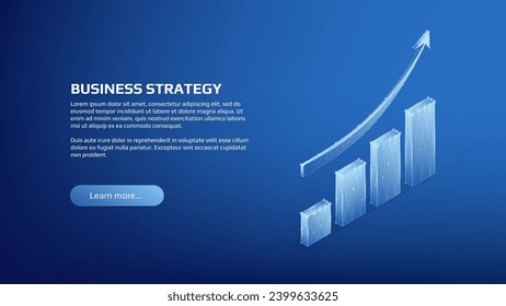 Polygonal shiny isometric chart levels and uptrend arrow on dark blue background. Market trading page template or banner. Vector illustration.