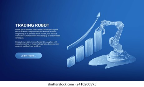 Polygonal shiny Trading Robot isometric concept with chart and upward arrow and copy space on dark blue background. Automatic bot trading banner or trading web page template. Vector illustration.