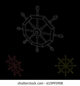 Polygonal ship helm. Isolated on black  background.Vector outline illustration.