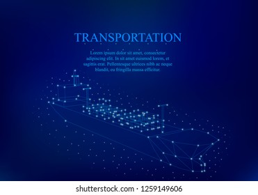 Polygonal ship. Polygonal ship wireframe with containers for transportation. The ship is surrounded by shining lights. Teino blue background. Isometry Vector illustration.