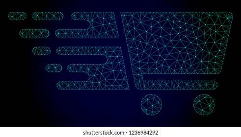 Polygonal shopping cart illustration with quick speed effect. Abstract mesh lines, triangles and points on dark background with shopping cart designed for modern abstract with symbols of speed, rush,