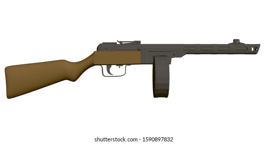 Polygonal Shpagin submachine gun. Soviet old machine gun. Side view. 3D. Vector illustration