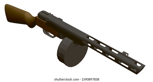 Polygonal Shpagin submachine gun. Soviet old machine gun. View isometric. 3D. Vector illustration