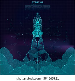 Polygonal Shuttle Launch. Point And Line Composition. Spaceship And Space Background. Projects Template For Business. Vector Illustration.