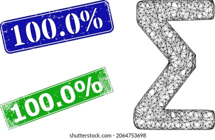 Polygonal Sigma Greek symbol image, and 100.0 percent blue and green rectangular grunge stamp seals. Mesh wireframe image is created from Sigma Greek symbol icon. Seals have 100.