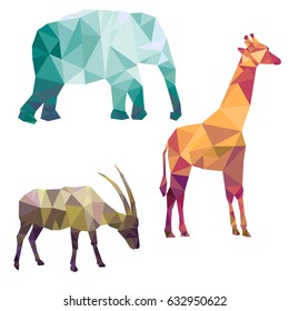 polygonal silhouettes of african animals, triangulation of elephant, gazelle and giraffe, isolated at white background