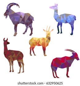 polygonal silhouettes of animals, triangulation of antelopes, llamas and rams isolated at white background