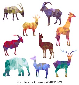 polygonal silhouettes of animals, triangulation of antelopes, llamas and rams isolated at white background