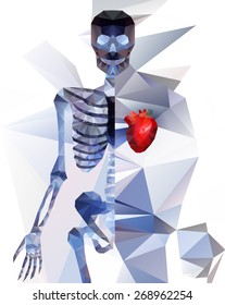 Polygonal skeleton with heart. low poly illustration. Polygonal poster