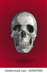Polygonal Skull drawing with pen and ink style on red stylize background