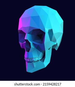 Polygonal skull illustration. Vector 3D low poly design with violet and blue color palette on dark background. Abstract geometric crystal style spooky design element.