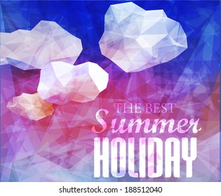 Polygonal sky and clouds, summer poster with typography elements. Polygonal background, illustration