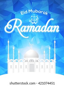 Polygonal Sky and Mosque, Ramadan Kareem Vector Design - Arabic "Eid Mubarak" "be Blessed" at English