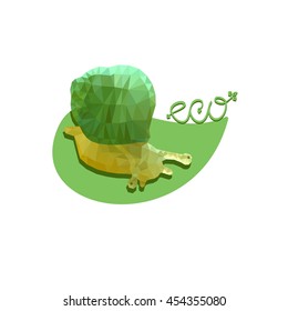Polygonal snail with a green shell on a leaf with the inscription Eco. Vector illustration, isolate.
