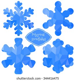 Polygonal snowflakes. Vector New Year and Christmas floating icon made of bright blue triangles.