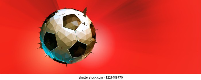 Polygonal soccer ball impact isolated on red shine vector banner background