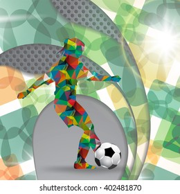 Polygonal Soccer Player with Abstract Background, Vector silhouette Sport geometric illustration