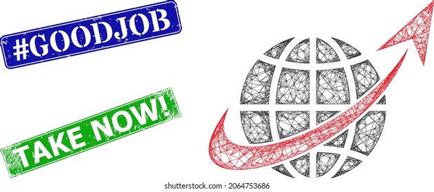 Polygonal space orbit image, and hashtag Goodjob blue and green rectangle scratched seal imitations. Polygonal carcass image based on space orbit pictogram. Seals have hashtag Goodjob tag inside