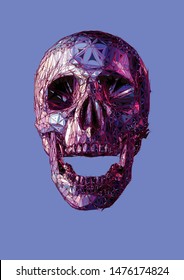 Polygonal sparkle decoration element colorful skull open mouth jaw isolated on bright blue violet background