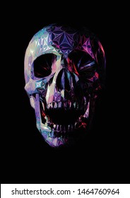 Polygonal sparkle ornament decoration colorful skull open mouth jaw glowing on dark background
