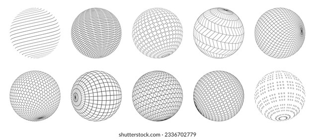 Polygonal spheres. Abstract 3d model of bacterium cell and virus, basic UI graphic low-polygonal sphere elements. Vector biology and physics concept. Different structure and surface set