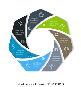 Polygonal spiral infographic diagram. Circular connected chart with 7 options. Progress steps for tutorial. Business concept sequence banner, process layout. EPS10 vector.