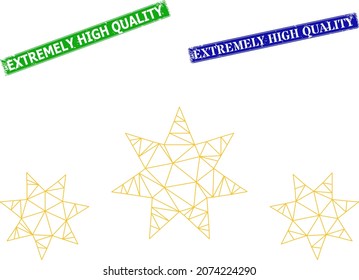 Polygonal star level image, and Extremely High Quality blue and green rectangular grunge seals. Polygonal wireframe image based on star level pictogram.