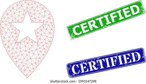 Polygonal star place marker image, and Certified blue and green rectangle textured badges. Polygonal wireframe image based on star place marker icon.