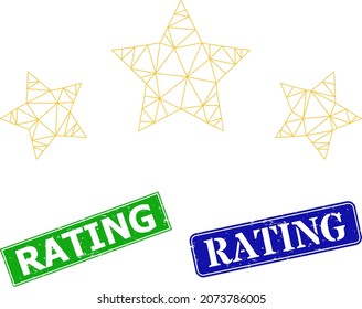 Polygonal star rating image, and Rating blue and green rectangular unclean stamps. Polygonal wireframe illustration is designed with star rating icon. Stamps have Rating title inside rectangular form.