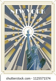 Polygonal statue of liberty front view and colorful shine with gold star element and pattern background in vintage retro art deco style on white blue and yellow gold color theme 