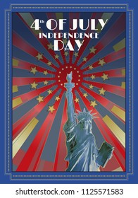 Polygonal statue of liberty front view on colorful shine with star element background in art deco vintage retro style for independence day celebration