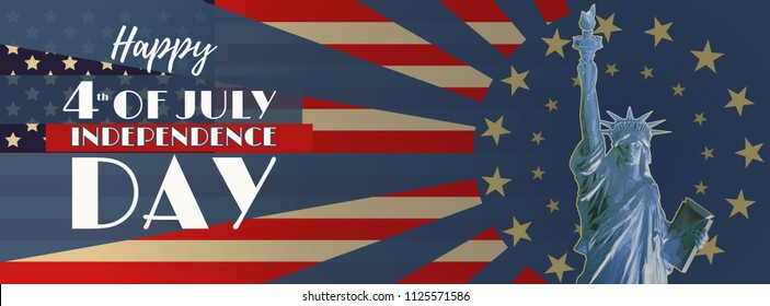Polygonal statue of liberty front view and USA flag shining with gold star element background in vintage retro art deco style on blue color theme cover or banner background